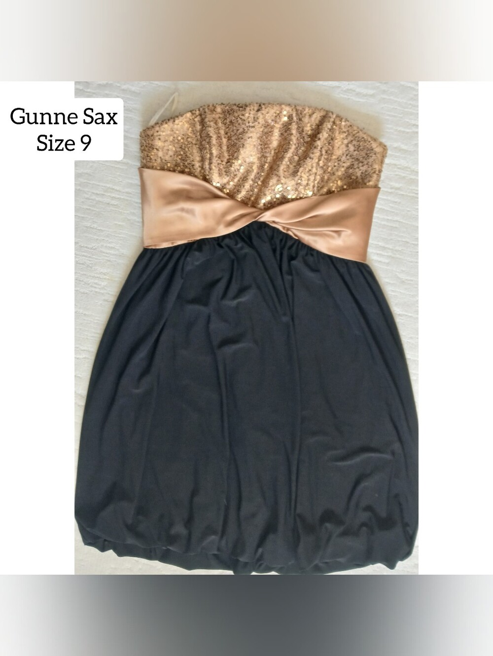 Strapless Sequin Bust Mini Dress with Satin Waistband Black & Gold VTG Jessica